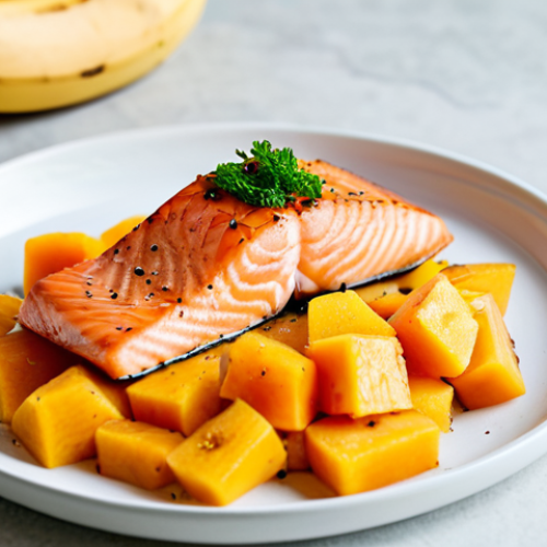 Home 4 A close-up, professional food photograph of a healthy meal designed for digestive comfort. The main subject is a perfectly baked salmon fillet, lightly seasoned, presented alongside vibrant, freshly sliced ripe banana and a small bowl of cubed papaya. The setting is a clean, bright kitchen counter with soft, natural lighting. The composition is artfully arranged, emphasizing freshness and simplicity. High resolution, sharp focus, professional photography, high quality, safe for work, appropriate content, fully clothed, modest, family-friendly, perfect anatomy, correct proportions, natural pose.