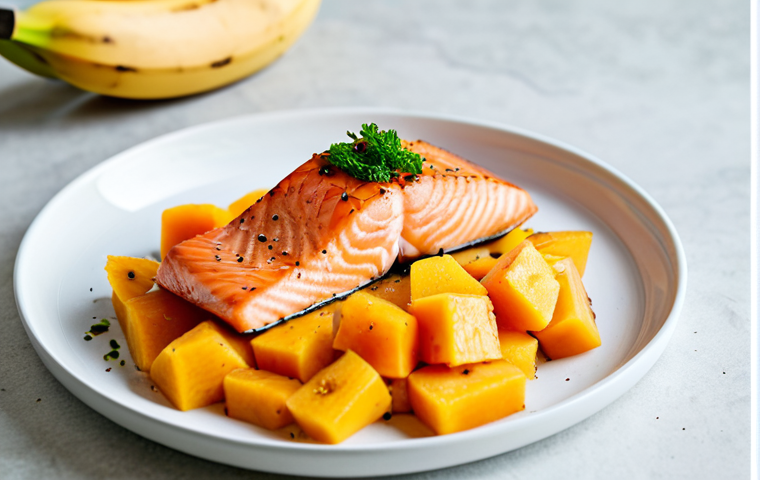 A close-up, professional food photograph of a healthy meal designed for digestive comfort. The main subject is a perfectly baked salmon fillet, lightly seasoned, presented alongside vibrant, freshly sliced ripe banana and a small bowl of cubed papaya. The setting is a clean, bright kitchen counter with soft, natural lighting. The composition is artfully arranged, emphasizing freshness and simplicity. High resolution, sharp focus, professional photography, high quality, safe for work, appropriate content, fully clothed, modest, family-friendly, perfect anatomy, correct proportions, natural pose.